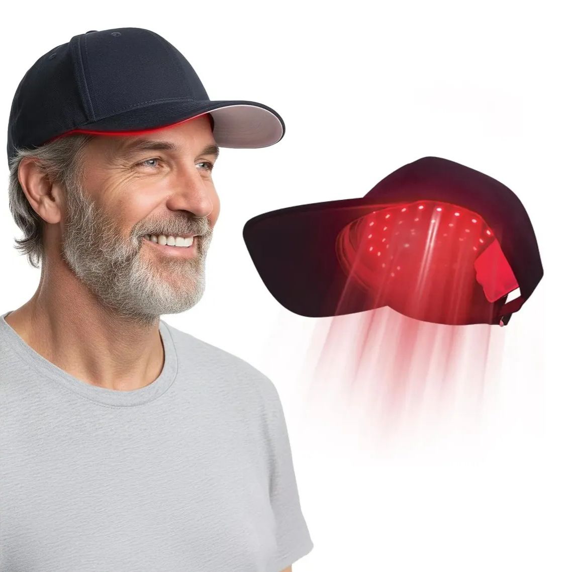 Homem usando o boné CapilarMax de terapia de luz vermelha